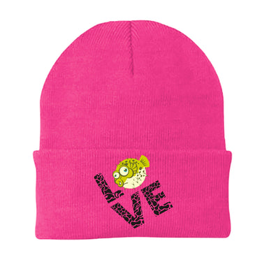 Love Fishing Green Blowfish Globe Embroidered Beanie